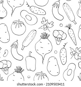 Vegetables seamless pattern. Vegetarian healthy bio food background, Vegan organic eco products pepper, tomato, cucumber, carrot, potato, avocado, beans and peas. Vector illustration.