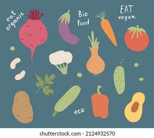 Patrón ininterrumpido de verduras. Vegetariano sano de fondo bioalimentario, productos ecológicos vegan pimienta, tomate, pepino, zanahoria, papa, aguacate, frijol y guisantes. Ilustración vectorial.