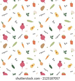 Gemüse nahtloses Muster. Vegetarische gesunde Bio-Lebensmittel-Hintergrund, Veganische ökologische Produkte Pfeffer, Tomate, Gurken, Karotten, Kartoffeln, Avocado, Bohnen und Erbsen. Vektorgrafik.