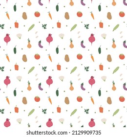 Vegetables seamless pattern. Vegetarian healthy bio food background, Vegan organic eco products pepper, tomato, cucumber, carrot, potato, avocado, beans and peas. Vector illustration.