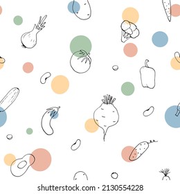 Vegetables seamless pattern. Vegetarian healthy bio food background, Vegan organic eco products pepper, tomato, cucumber, carrot, potato, avocado, beans and peas. Vector illustration.
