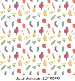 Patrón ininterrumpido de verduras. Vegetariano sano de fondo bioalimentario, productos ecológicos vegan pimienta, tomate, pepino, zanahoria, papa, aguacate, frijol y guisantes. Ilustración vectorial.