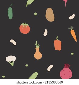 Vegetables seamless pattern. Vegetarian healthy bio food background, Vegan organic eco products pepper, tomato, cucumber, carrot, potato, avocado, beans and peas. Vector illustration.