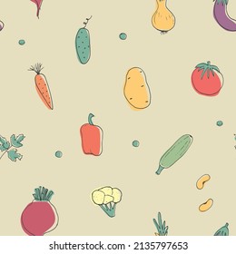 Patrón ininterrumpido de verduras. Vegetariano sano de fondo bioalimentario, productos ecológicos vegan pimienta, tomate, pepino, zanahoria, papa, aguacate, frijol y guisantes. Ilustración vectorial.