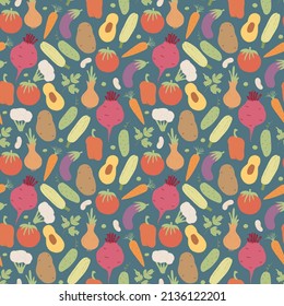 Patrón ininterrumpido de verduras. Vegetariano sano de fondo bioalimentario, productos ecológicos vegan pimienta, tomate, pepino, zanahoria, papa, aguacate, frijol y guisantes. Ilustración vectorial.