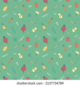 Vegetables seamless pattern. Vegetarian healthy bio food background, Vegan organic eco products pepper, tomato, cucumber, carrot, potato, avocado, beans and peas. Vector illustration.