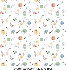 Vegetables seamless pattern. Vegetarian healthy bio food background, Vegan organic eco products pepper, tomato, cucumber, carrot, potato, avocado, beans and peas. Vector illustration.