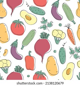 Vegetables seamless pattern. Vegetarian healthy bio food background, Vegan organic eco products pepper, tomato, cucumber, carrot, potato, avocado, beans and peas. Vector illustration.