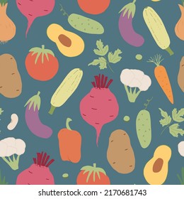 Patrón ininterrumpido de verduras. Vegetariano sano de fondo bioalimentario, productos ecológicos vegan pimienta, tomate, pepino, zanahoria, papa, aguacate, frijol y guisantes. Ilustración vectorial.