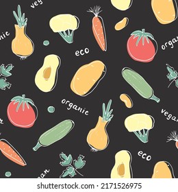 Vegetables seamless pattern. Vegetarian healthy bio food background, Vegan organic eco products pepper, tomato, cucumber, carrot, potato, avocado, beans and peas. Vector illustration.