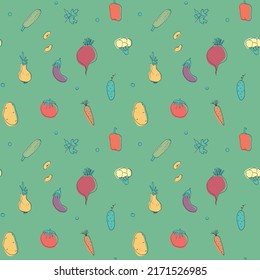 Vegetables seamless pattern. Vegetarian healthy bio food background, Vegan organic eco products pepper, tomato, cucumber, carrot, potato, avocado, beans and peas. Vector illustration.