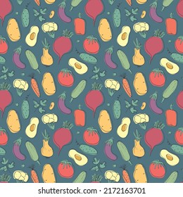Vegetables seamless pattern. Vegetarian healthy bio food background, Vegan organic eco products pepper, tomato, cucumber, carrot, potato, avocado, beans and peas. Vector illustration.