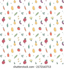 Vegetables seamless pattern. Vegetarian healthy bio food background, Vegan organic eco products pepper, tomato, cucumber, carrot, potato, avocado, beans and peas. Vector illustration.