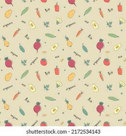 Vegetables seamless pattern. Vegetarian healthy bio food background, Vegan organic eco products pepper, tomato, cucumber, carrot, potato, avocado, beans and peas. Vector illustration.
