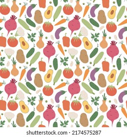 Vegetables seamless pattern. Vegetarian healthy bio food background, Vegan organic eco products pepper, tomato, cucumber, carrot, potato, avocado, beans and peas. Vector illustration.