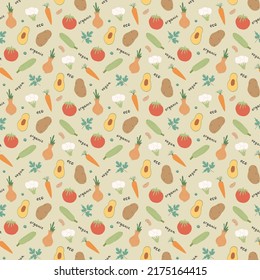 Vegetables seamless pattern. Vegetarian healthy bio food background, Vegan organic eco products pepper, tomato, cucumber, carrot, potato, avocado, beans and peas. Vector illustration.