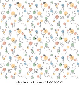 Gemüse nahtloses Muster. Vegetarische gesunde Bio-Lebensmittel-Hintergrund, Veganische ökologische Produkte Pfeffer, Tomate, Gurken, Karotten, Kartoffeln, Avocado, Bohnen und Erbsen. Vektorgrafik.