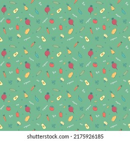 Vegetables seamless pattern. Vegetarian healthy bio food background, Vegan organic eco products pepper, tomato, cucumber, carrot, potato, avocado, beans and peas. Vector illustration.
