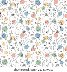 Vegetables seamless pattern. Vegetarian healthy bio food background, Vegan organic eco products pepper, tomato, cucumber, carrot, potato, avocado, beans and peas. Vector illustration.
