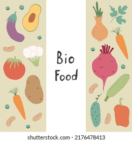 Vegetables seamless pattern. Vegetarian healthy bio food background, Vegan organic eco products pepper, tomato, cucumber, carrot, potato, avocado, beans and peas. Vector illustration.