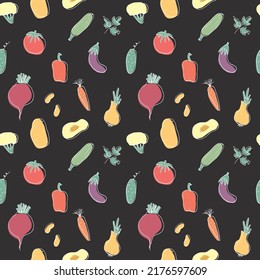 Vegetables seamless pattern. Vegetarian healthy bio food background, Vegan organic eco products pepper, tomato, cucumber, carrot, potato, avocado, beans and peas. Vector illustration.