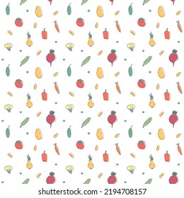 Vegetables seamless pattern. Vegetarian healthy bio food background, Vegan organic eco products pepper, tomato, cucumber, carrot, potato, avocado, beans and peas. Vector illustration.