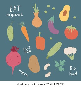 Vegetables seamless pattern. Vegetarian healthy bio food background, Vegan organic eco products pepper, tomato, cucumber, carrot, potato, avocado, beans and peas. Vector illustration.