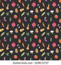 Vegetables seamless pattern. Vegetarian healthy bio food background, Vegan organic eco products pepper, tomato, cucumber, carrot, potato, avocado, beans and peas. Vector illustration.