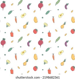 Vegetables seamless pattern. Vegetarian healthy bio food background, Vegan organic eco products pepper, tomato, cucumber, carrot, potato, avocado, beans and peas. Vector illustration.