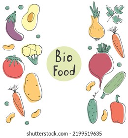 Vegetables seamless pattern. Vegetarian healthy bio food background, Vegan organic eco products pepper, tomato, cucumber, carrot, potato, avocado, beans and peas. Vector illustration.