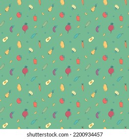 Vegetables seamless pattern. Vegetarian healthy bio food background, Vegan organic eco products pepper, tomato, cucumber, carrot, potato, avocado, beans and peas. Vector illustration.