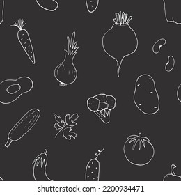 Gemüse nahtloses Muster. Vegetarische gesunde Bio-Lebensmittel-Hintergrund, Veganische ökologische Produkte Pfeffer, Tomate, Gurken, Karotten, Kartoffeln, Avocado, Bohnen und Erbsen. Vektorgrafik.