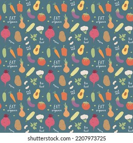 Vegetables seamless pattern. Vegetarian healthy bio food background, Vegan organic eco products pepper, tomato, cucumber, carrot, potato, avocado, beans and peas. Vector illustration.