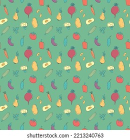 Vegetables seamless pattern. Vegetarian healthy bio food background, Vegan organic eco products pepper, tomato, cucumber, carrot, potato, avocado, beans and peas. Vector illustration.