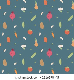 Vegetables seamless pattern. Vegetarian healthy bio food background, Vegan organic eco products pepper, tomato, cucumber, carrot, potato, avocado, beans and peas. Vector illustration.