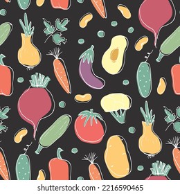 Vegetables seamless pattern. Vegetarian healthy bio food background, Vegan organic eco products pepper, tomato, cucumber, carrot, potato, avocado, beans and peas. Vector illustration.
