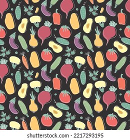 Vegetables seamless pattern. Vegetarian healthy bio food background, Vegan organic eco products pepper, tomato, cucumber, carrot, potato, avocado, beans and peas. Vector illustration.