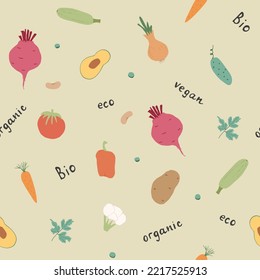 Vegetables seamless pattern. Vegetarian healthy bio food background, Vegan organic eco products pepper, tomato, cucumber, carrot, potato, avocado, beans and peas. Vector illustration.