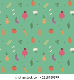 Gemüse nahtloses Muster. Vegetarische gesunde Bio-Lebensmittel-Hintergrund, Veganische ökologische Produkte Pfeffer, Tomate, Gurken, Karotten, Kartoffeln, Avocado, Bohnen und Erbsen. Vektorgrafik.