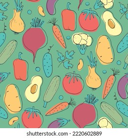 Vegetables seamless pattern. Vegetarian healthy bio food background, Vegan organic eco products pepper, tomato, cucumber, carrot, potato, avocado, beans and peas. Vector illustration.