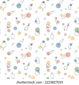 Vegetables seamless pattern. Vegetarian healthy bio food background, Vegan organic eco products pepper, tomato, cucumber, carrot, potato, avocado, beans and peas. Vector illustration.