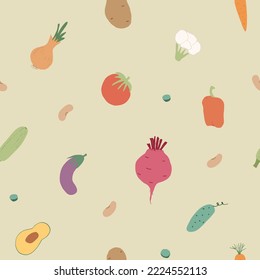 Vegetables seamless pattern. Vegetarian healthy bio food background, Vegan organic eco products pepper, tomato, cucumber, carrot, potato, avocado, beans and peas. Vector illustration.