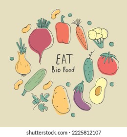Vegetables seamless pattern. Vegetarian healthy bio food background, Vegan organic eco products pepper, tomato, cucumber, carrot, potato, avocado, beans and peas. Vector illustration.
