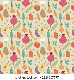 Vegetables seamless pattern. Vegetarian healthy bio food background, Vegan organic eco products pepper, tomato, cucumber, carrot, potato, avocado, beans and peas. Vector illustration.