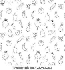 Vegetables seamless pattern. Vegetarian healthy bio food background, Vegan organic eco products pepper, tomato, cucumber, carrot, potato, avocado, beans and peas. Vector illustration.