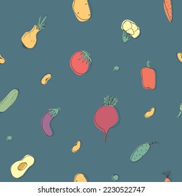 Patrón ininterrumpido de verduras. Vegetariano sano de fondo bioalimentario, productos ecológicos vegan pimienta, tomate, pepino, zanahoria, papa, aguacate, frijol y guisantes. Ilustración vectorial.