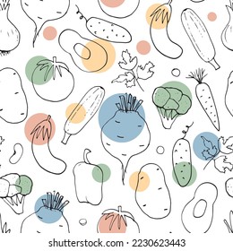 Gemüse nahtloses Muster. Vegetarische gesunde Bio-Lebensmittel-Hintergrund, Veganische ökologische Produkte Pfeffer, Tomate, Gurken, Karotten, Kartoffeln, Avocado, Bohnen und Erbsen. Vektorgrafik.
