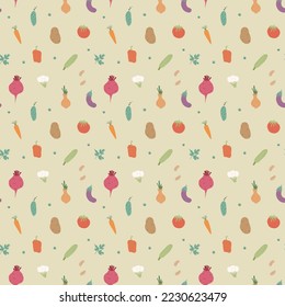 Vegetables seamless pattern. Vegetarian healthy bio food background, Vegan organic eco products pepper, tomato, cucumber, carrot, potato, avocado, beans and peas. Vector illustration.