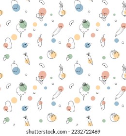 Vegetables seamless pattern. Vegetarian healthy bio food background, Vegan organic eco products pepper, tomato, cucumber, carrot, potato, avocado, beans and peas. Vector illustration.