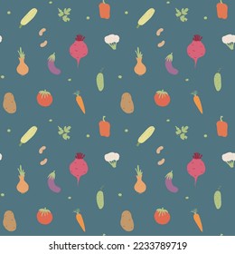 Gemüse nahtloses Muster. Vegetarische gesunde Bio-Lebensmittel-Hintergrund, Veganische ökologische Produkte Pfeffer, Tomate, Gurken, Karotten, Kartoffeln, Avocado, Bohnen und Erbsen. Vektorgrafik.